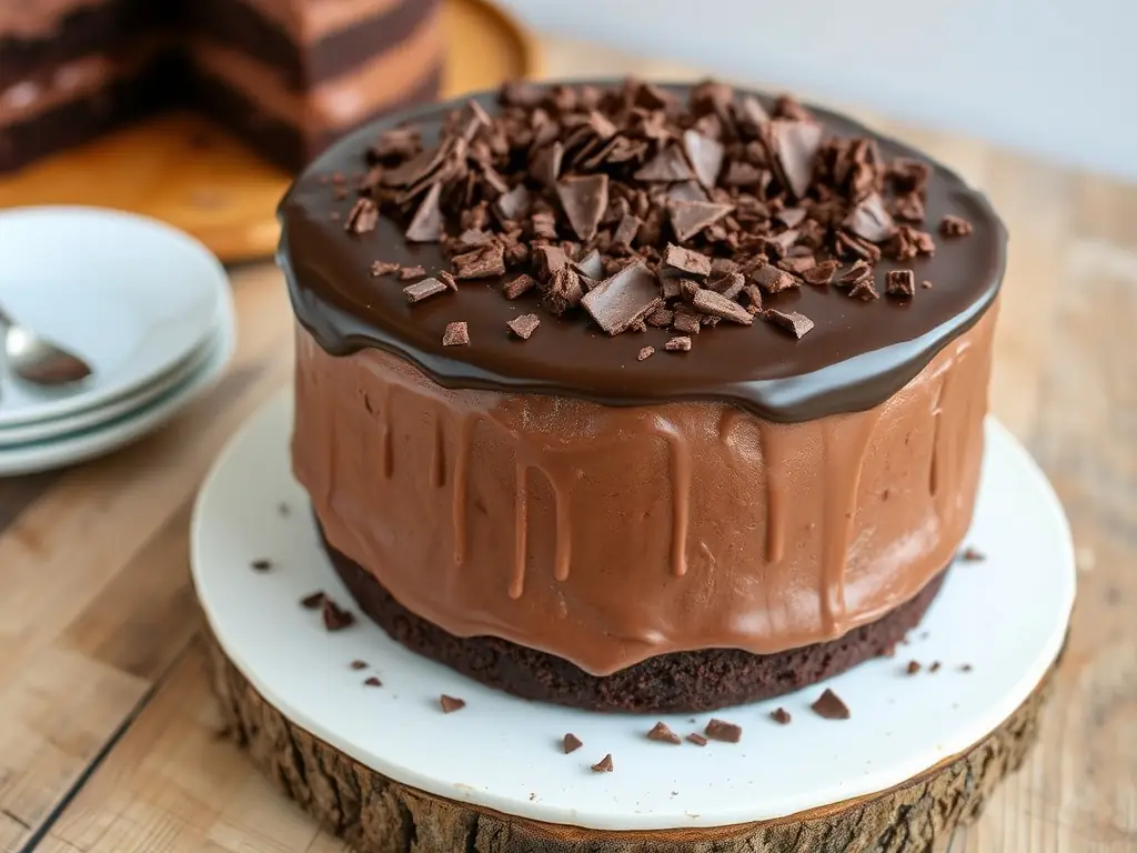 A decadent chocolate cake with a rich, moist crumb, showcasing the binding and enriching properties of GoldenNestEggs in baking.